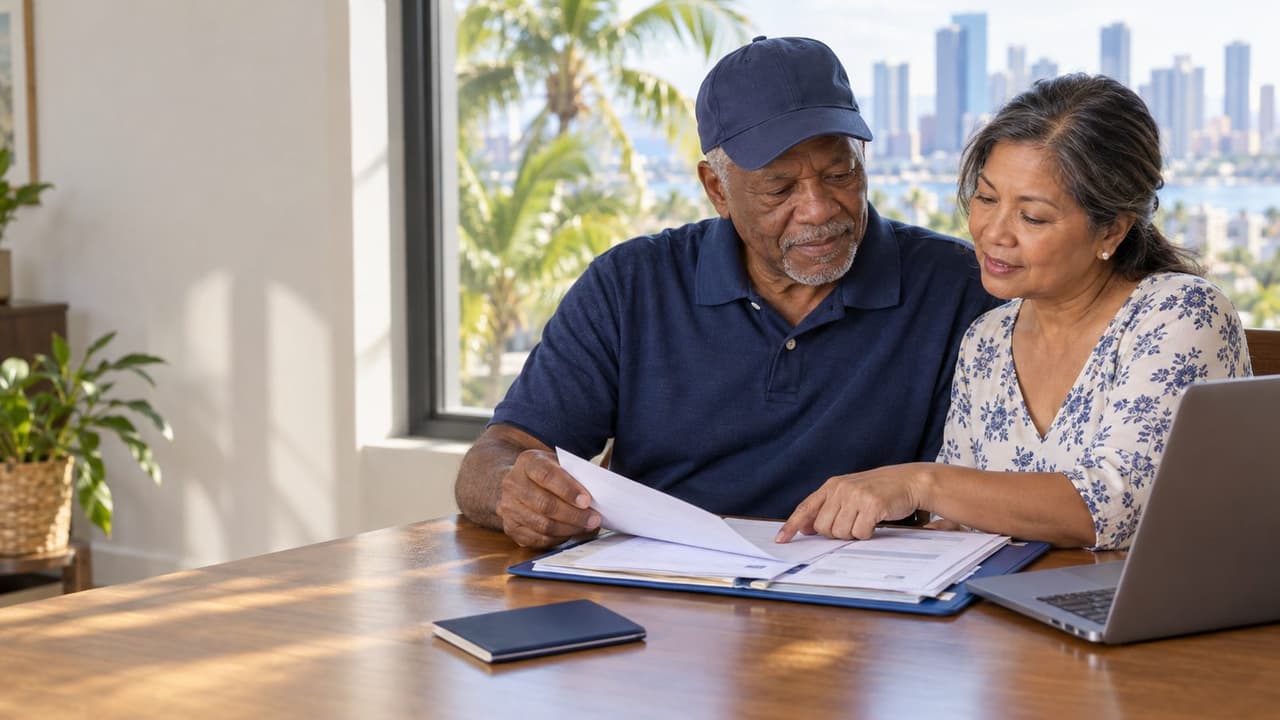 A U.S. veteran and his wife reviewing medical paperwork together at a sunlit table in their home abroad