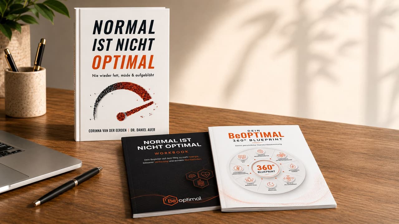 Buch Normal ist nicht optimal, der 360 Blueprint und das begleitende Workbook nebeneinander