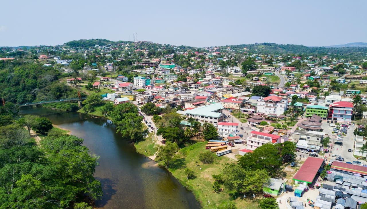 Aerial view of San Ignacio town and the Macal River