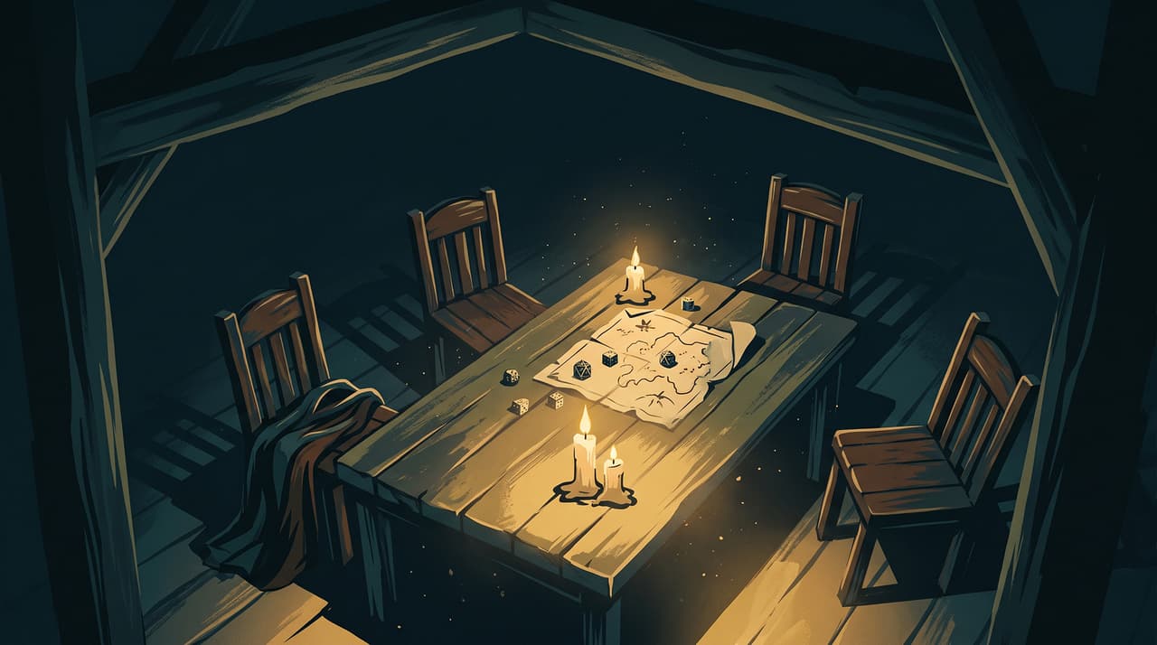 A candlelit tabletop game scene