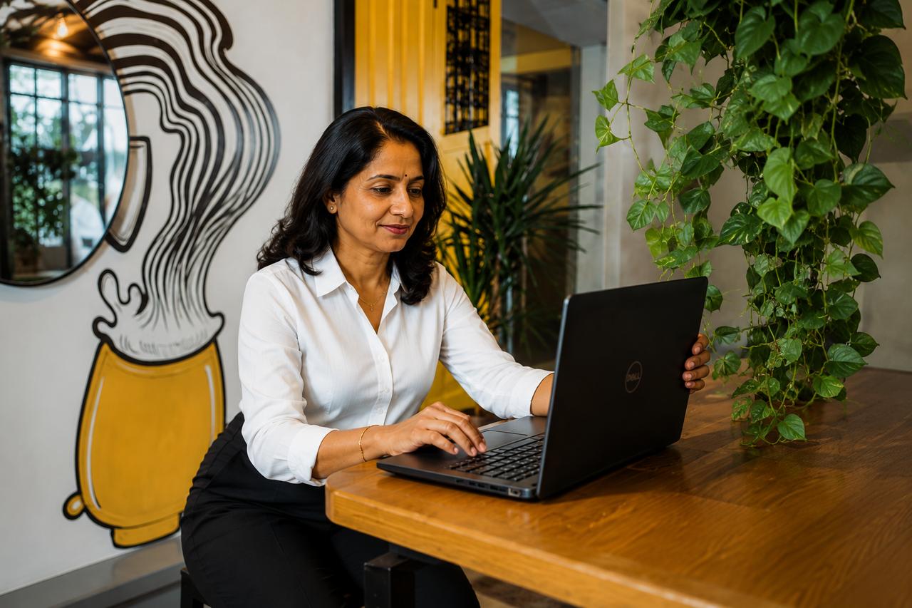 Confident, well-dressed businesswoman with a warm, approachable expression in an office