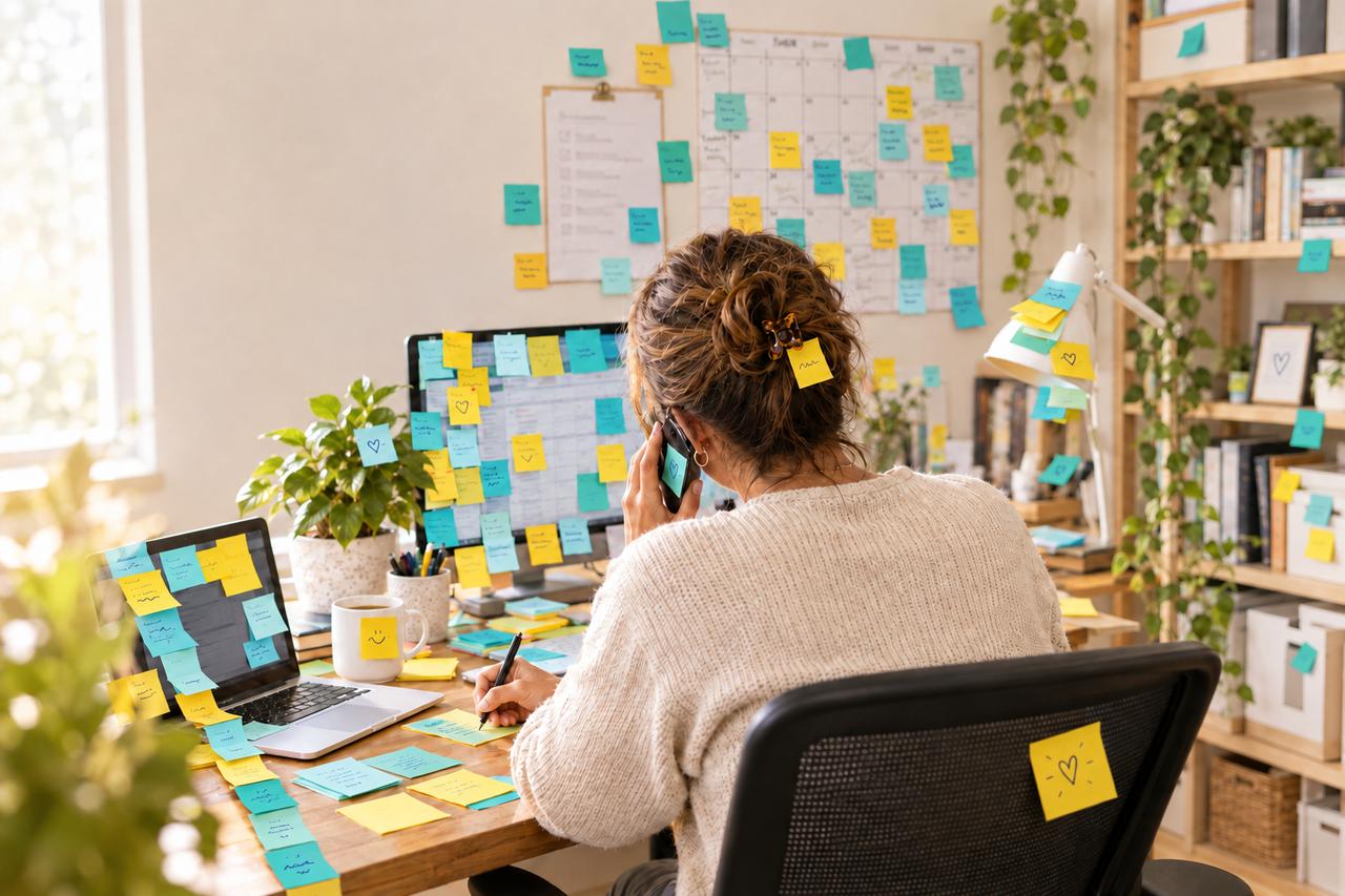 A business owner working through her notes