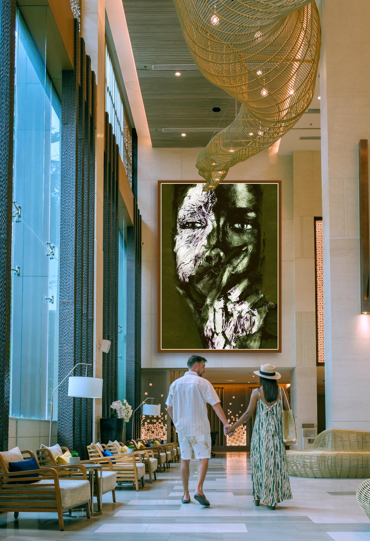 Hand-painted typography detail in a branded space
