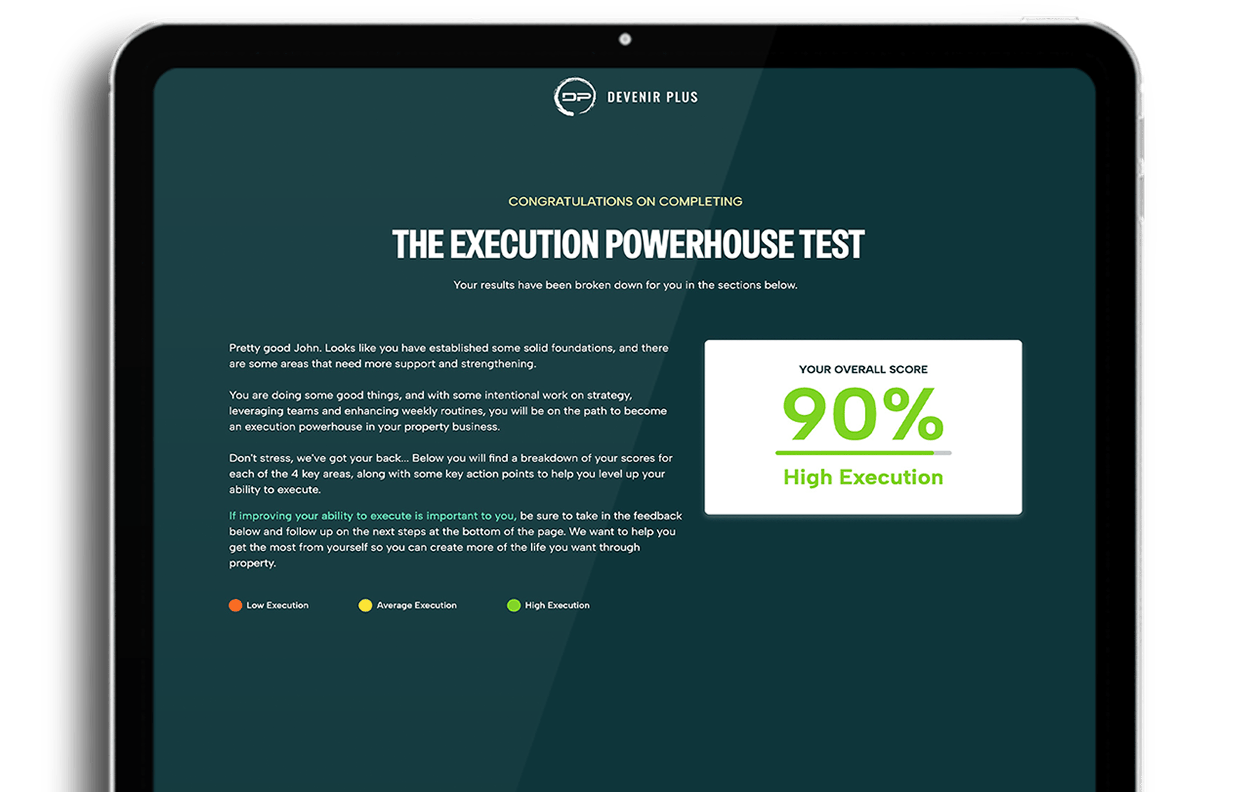 Execution Test Results page showing on a tablet
