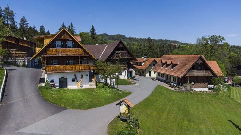 Luftaufnahme der KI-DO Oase HAUSMI mit steirischen Holzhäusern, Wiese und Wald in der Weststeiermark