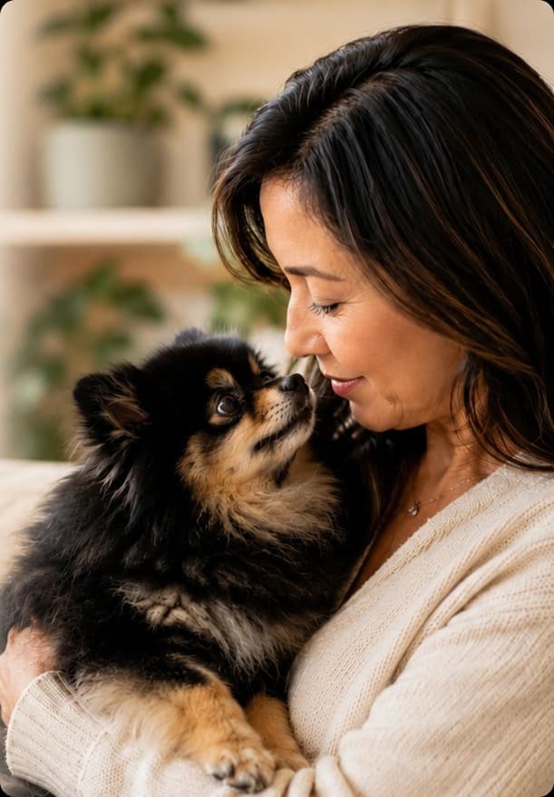 Happy Pomeranian with owner