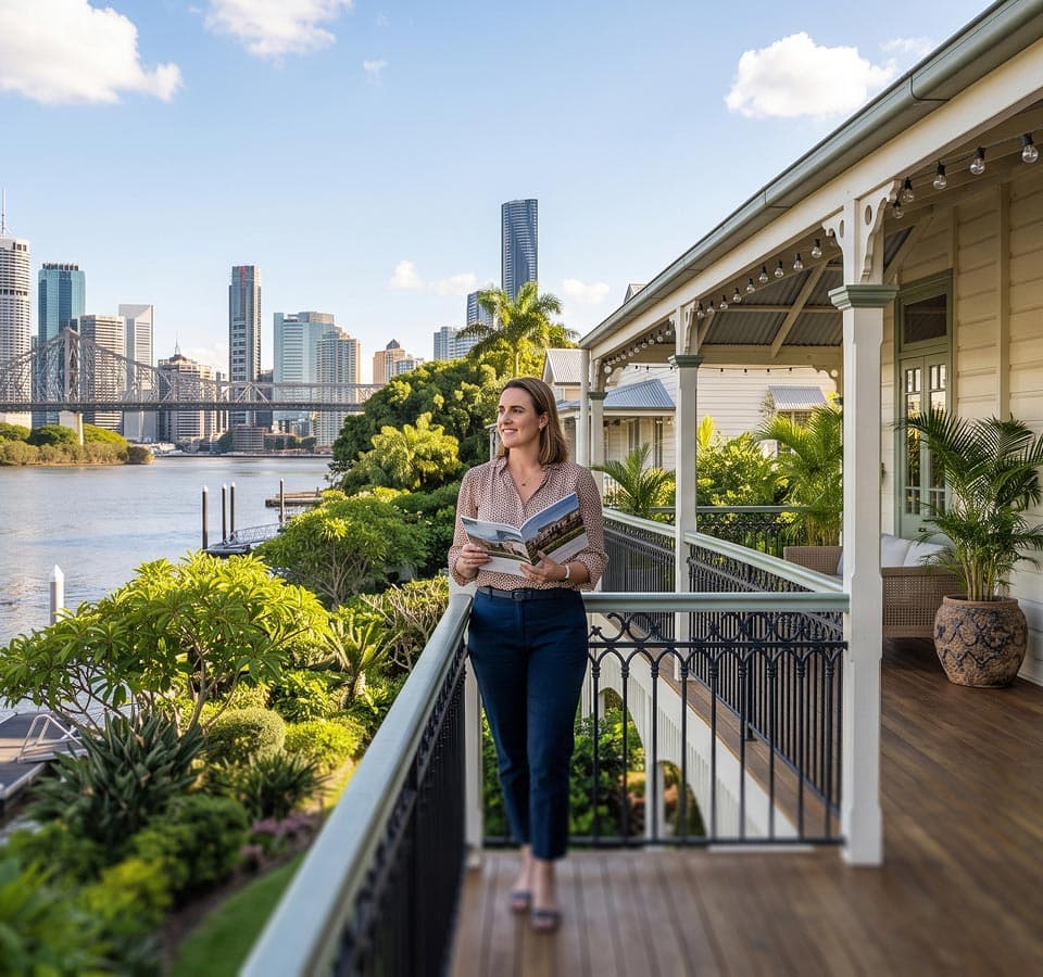 Woman viewing a property brochure on a Brisbane riverside veranda