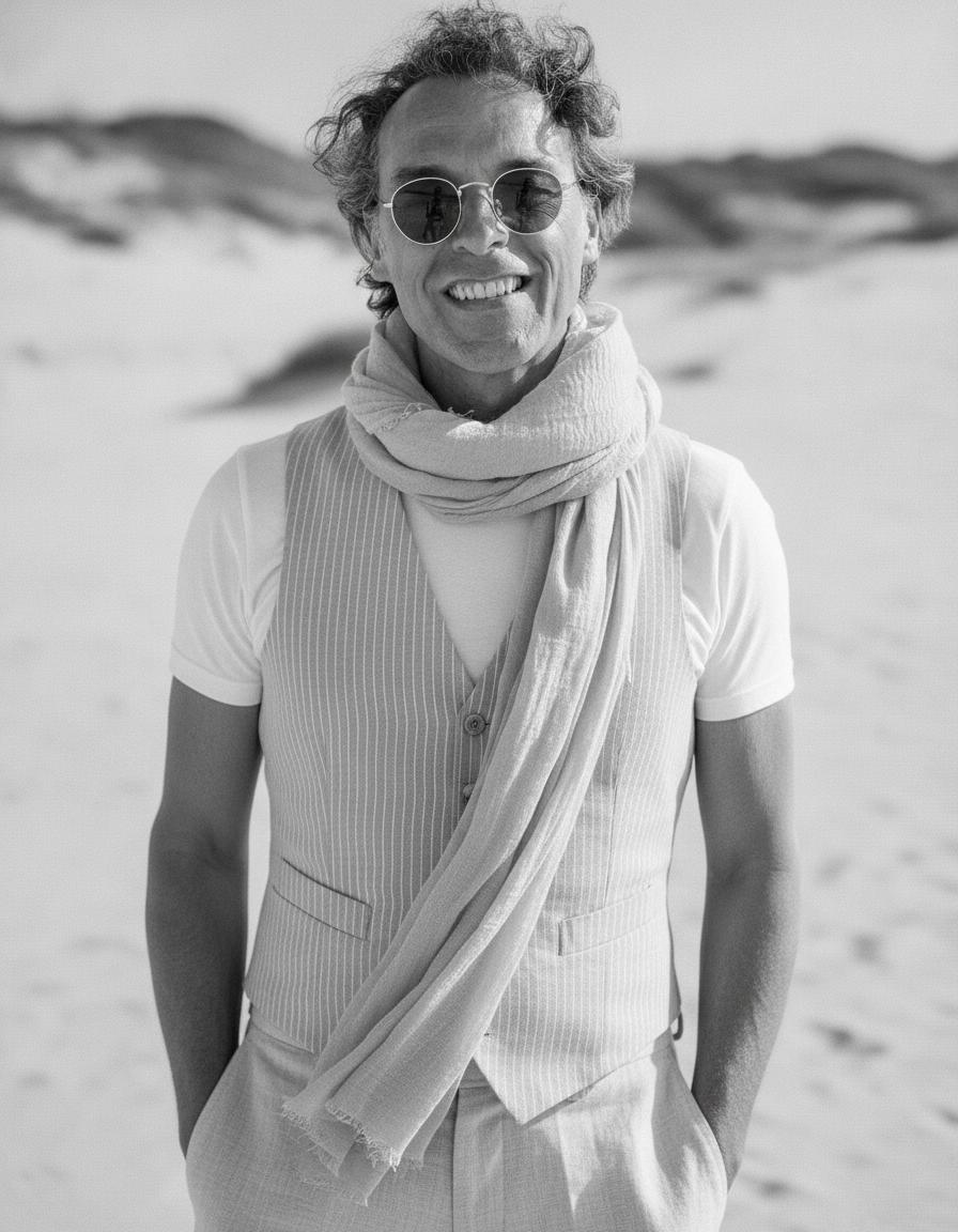 Massimiliano Salerno, Bestseller-Autor und System-Architekt, Schwarzweiss-Porträt in den Dünen: lächelnd mit runder Sonnenbrille, Leinenschal und gestreifter Weste, Hände in den Taschen.
