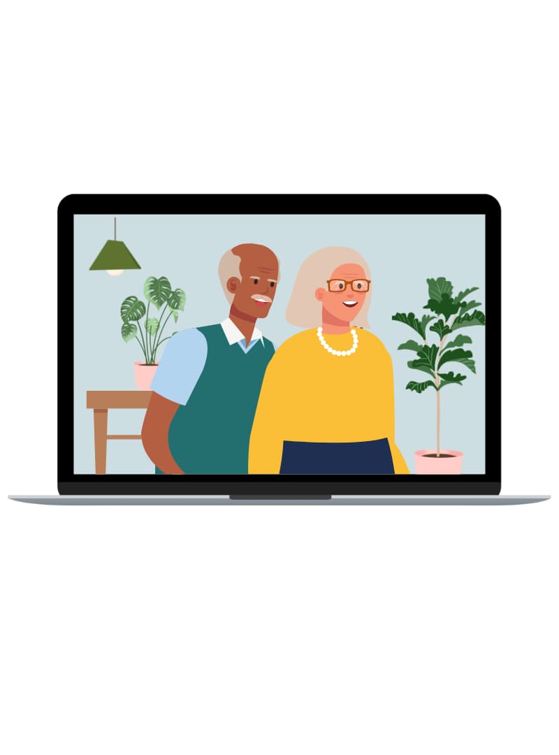 Older couple smiling and on laptop screen