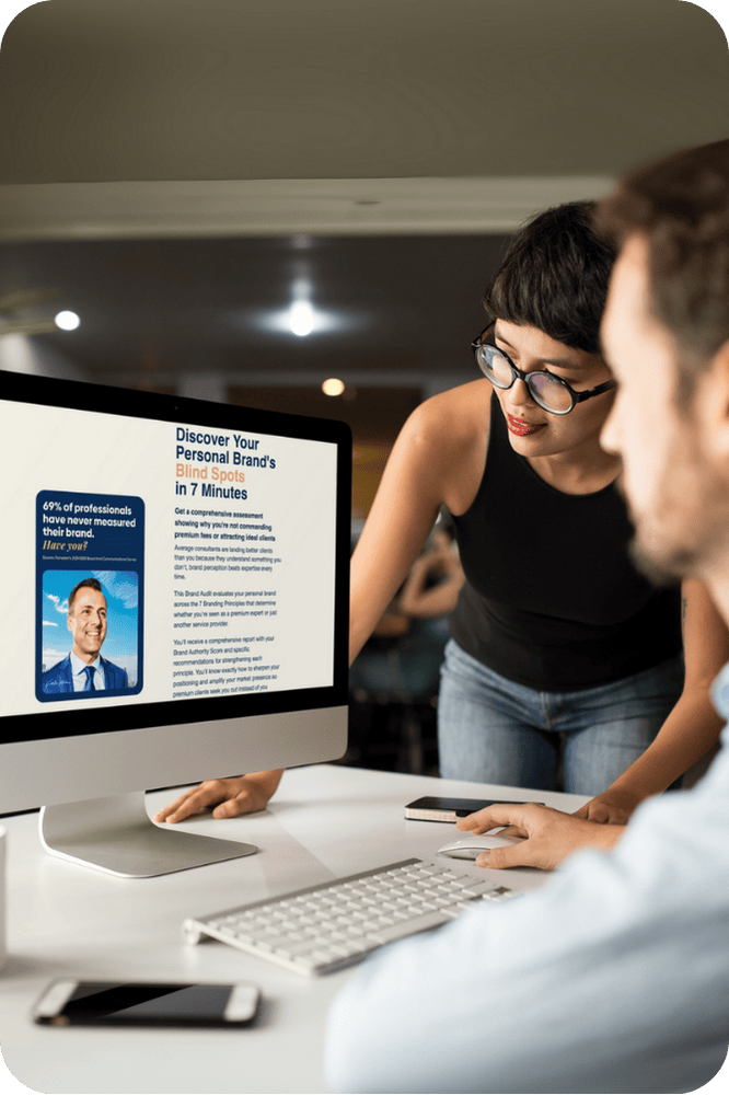 Consultant discovering Personal Brand Scorecard results on screen - IKONIC Brands Brand Identity Model for professionals measuring personal branding and marketing effectiveness in 7 minutes