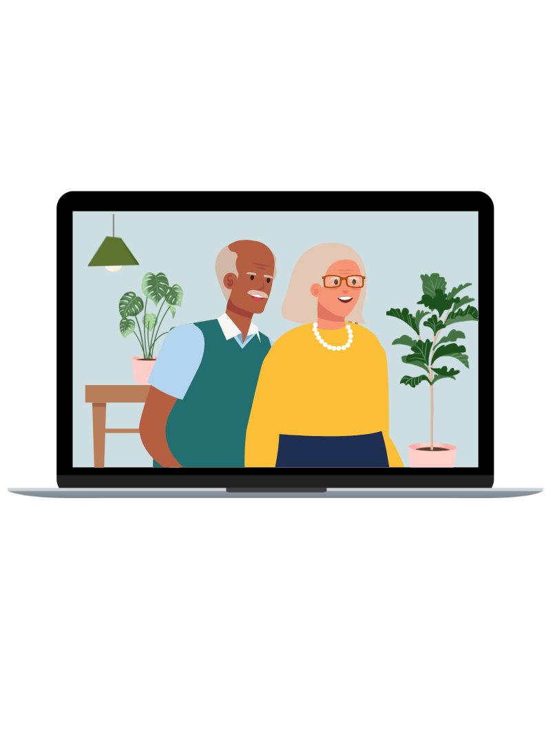 Older couple smiling and on laptop screen