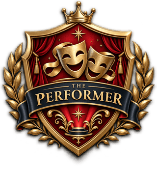 A shield with The Performer written across it