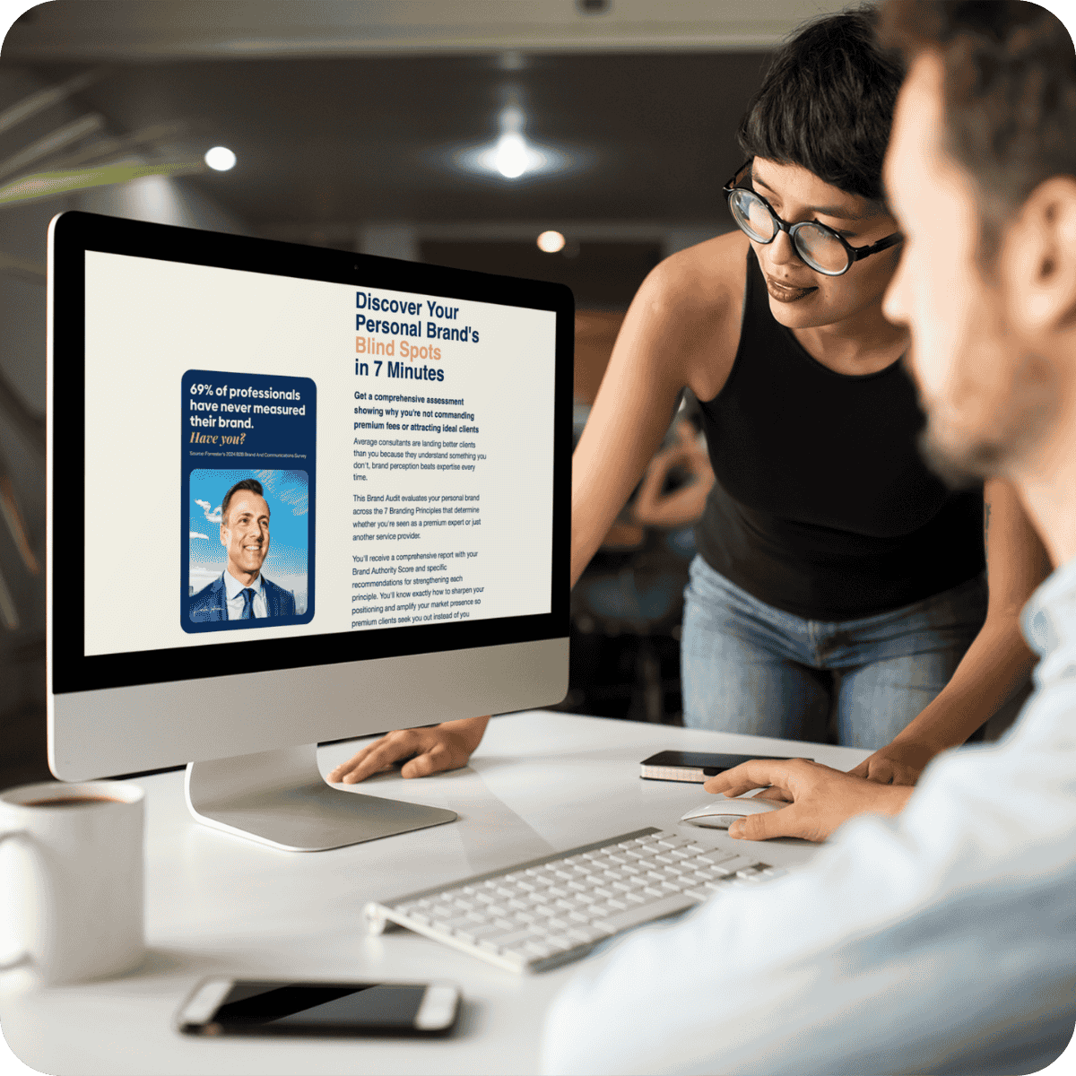 Consultant discovering Personal Brand Scorecard results on screen - IKONIC Brands Brand Identity Model for professionals measuring personal branding and marketing effectiveness in 7 minutes