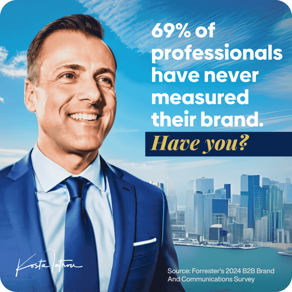Kosta Iatrou, founder of IKONIC Brands, with Brand Identity Model statistic showing 69% of professionals have never measured their personal brand - Professional brand assessment and marketing strategy