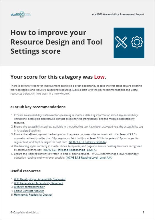 Results and recommendations for a category in the eLa1000 report.