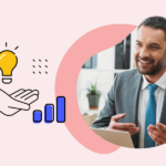 Smiling businessman in a suit holding a tablet, beside icons of a light bulb, hand, and bar chart representing financial lead generation…