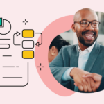 Smiling businessman in a suit next to a B2B market research illustration showing a checklist, pie chart, and workflow diagram