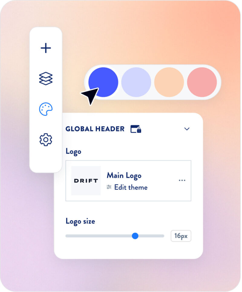 ScoreApp scorecard builder UI showing color palette, Global Header settings, logo upload, and logo size controls