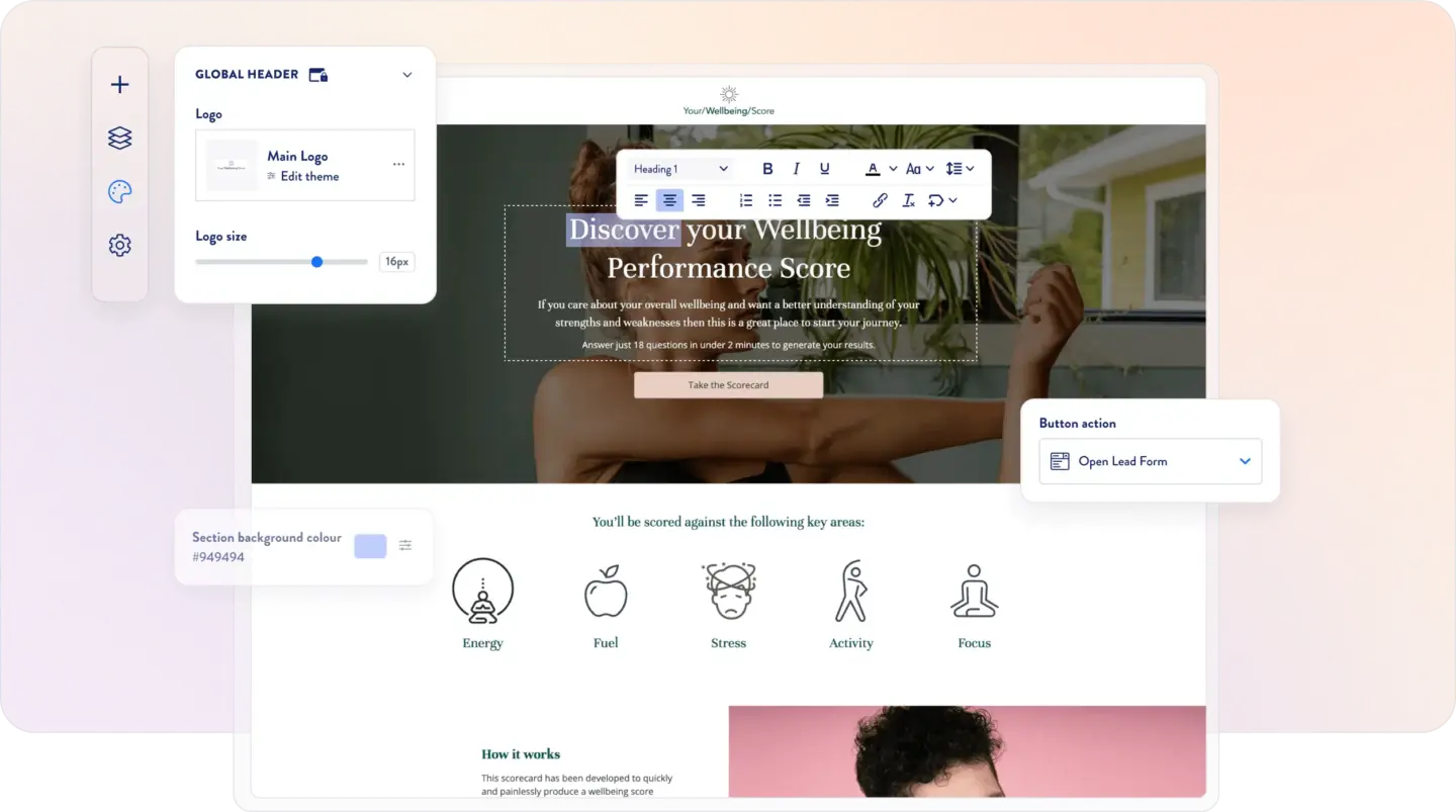 ScoreApp landing page builder showing a wellbeing scorecard page with text editing toolbar, logo settings, and button action panels