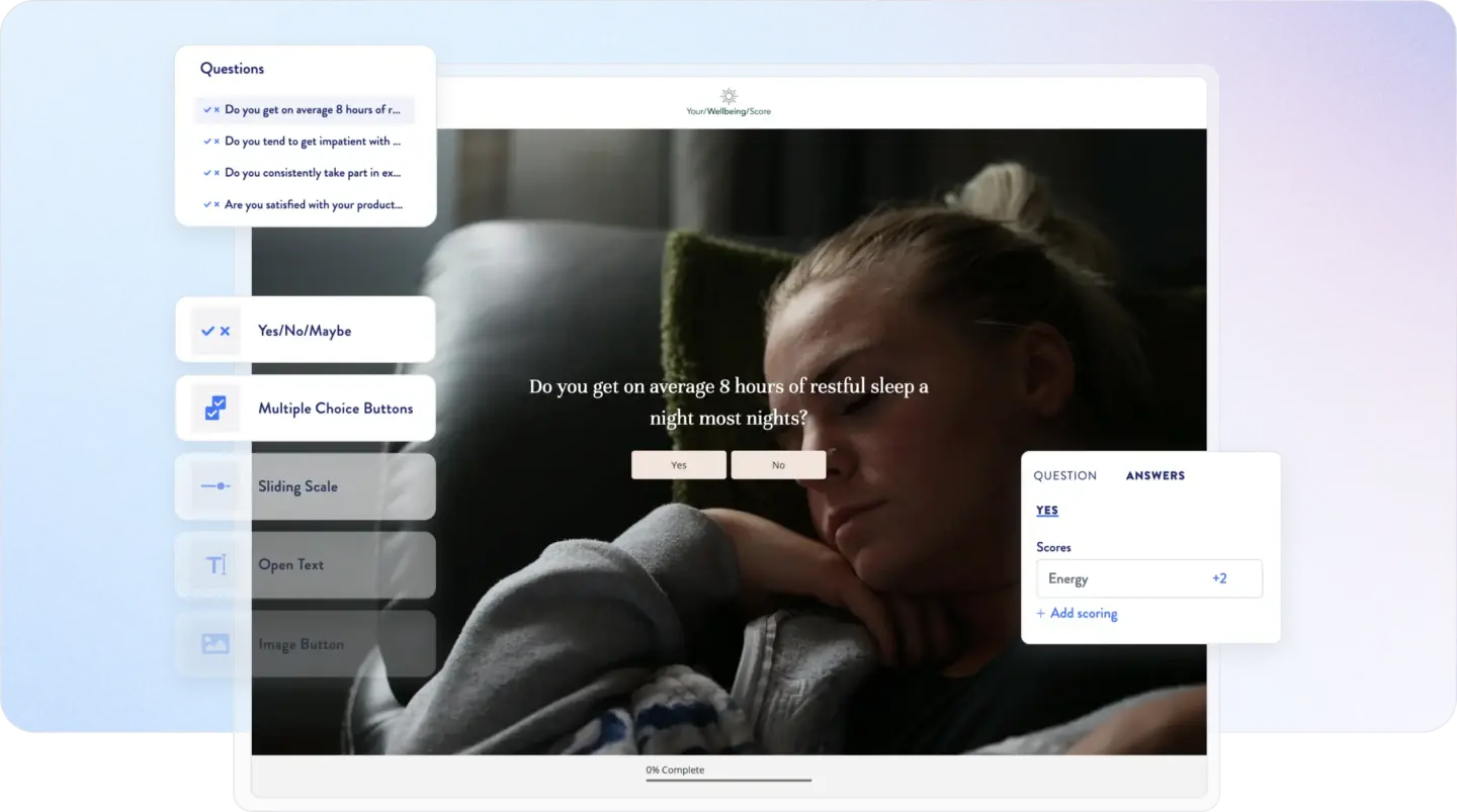 ScoreApp quiz builder showing a wellbeing survey question 'Do you get on average 8 hours of restful sleep a night?' with Yes/No buttons,…