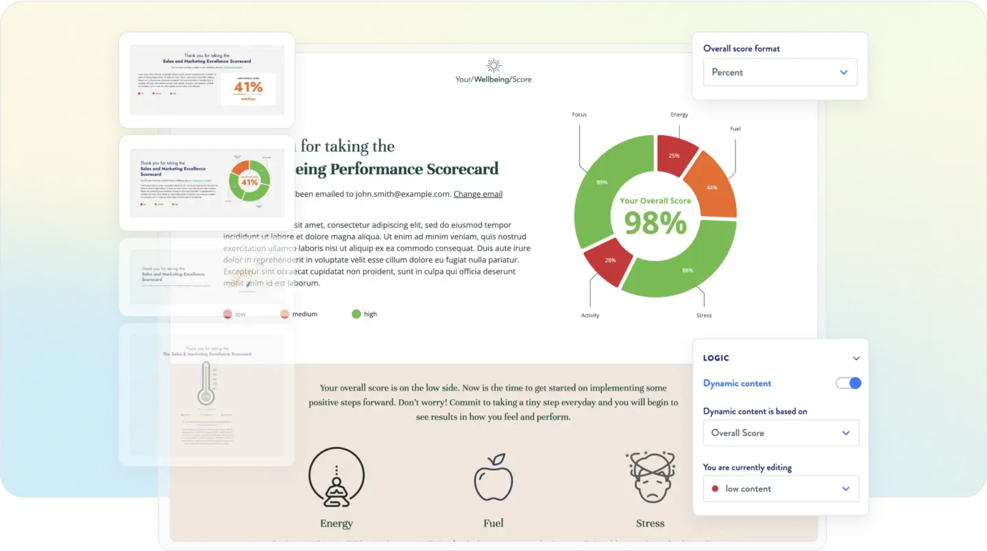 ScoreApp results page builder showing a wellbeing scorecard with a donut chart displaying 98% overall score and dynamic content logic…