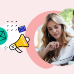 Two women reviewing email marketing strategies together, beside icons of a megaphone and email envelopes