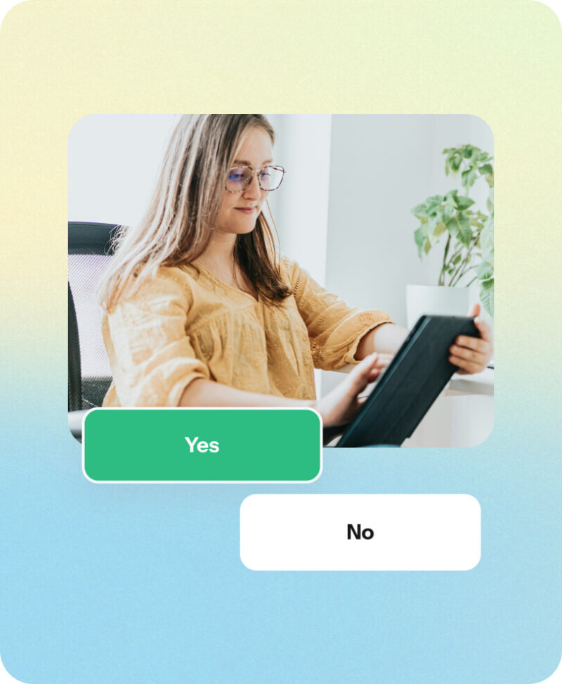 Woman wearing glasses using a tablet at a desk, with Yes and No quiz answer buttons overlaid