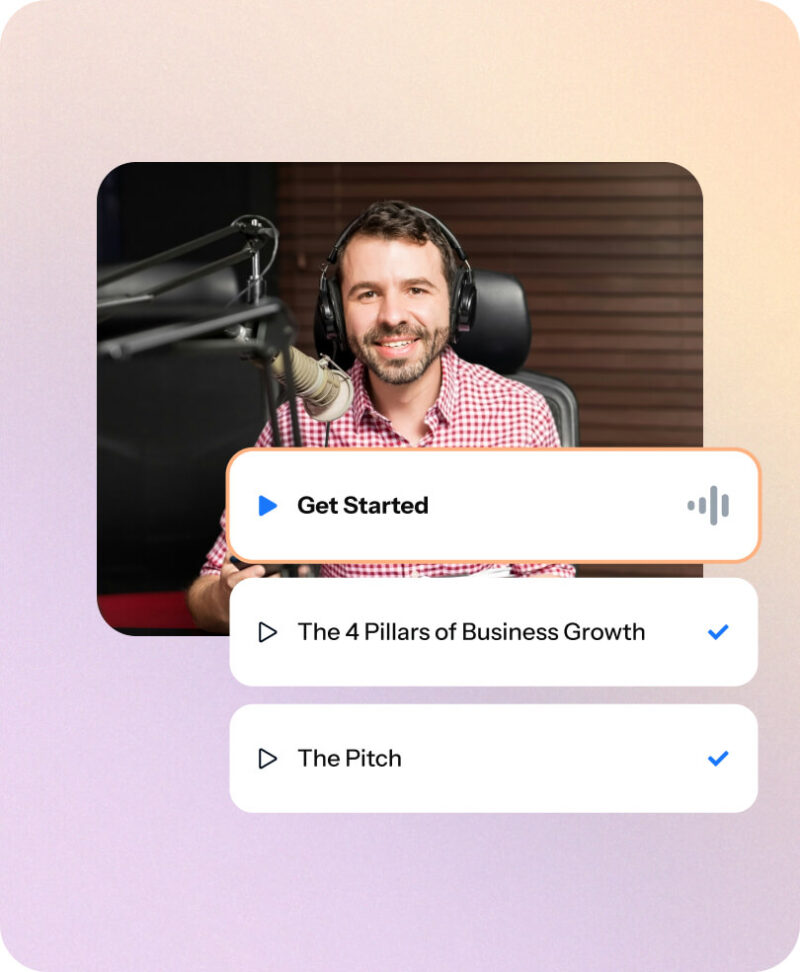 Podcast host wearing headphones recording at a studio microphone, with a course playlist showing 'Get Started,' 'The 4 Pillars of Business…