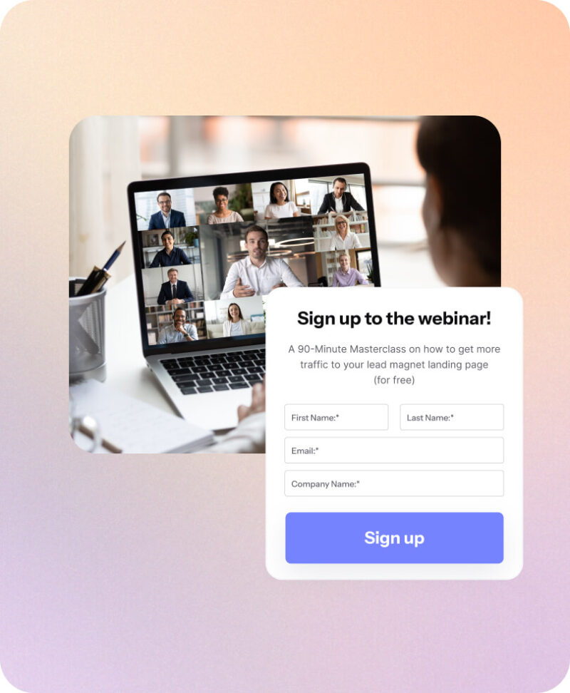 Webinar sign-up form overlay on a laptop showing a video call with multiple participants, promoting a free 90-minute masterclass.