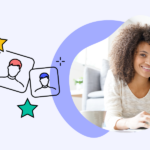 Smiling woman using a laptop beside illustrated marketing persona cards with star icons, representing audience segmentation.