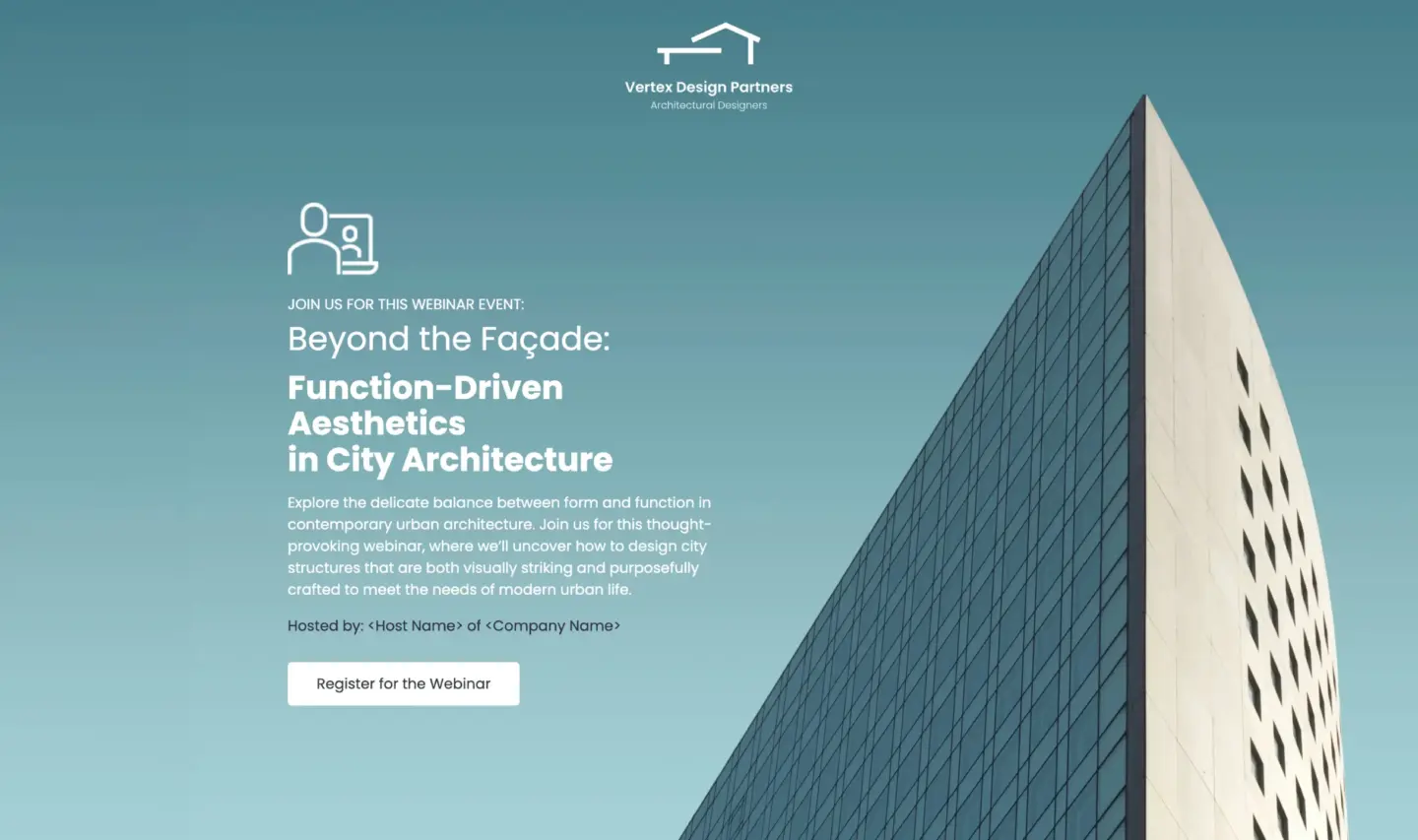 Vertex Design Partners webinar landing page promoting 'Beyond the Facade: Function-Driven Aesthetics in City Architecture' with a modern…