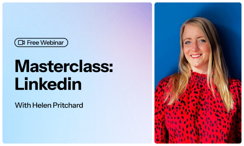 Free Webinar - Masterclass: LinkedIn with Helen Pritchard, smiling woman in a red leopard-print top against a blue background