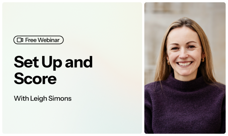 Free Webinar - Set Up and Score with Leigh Simons, smiling woman in a purple turtleneck sweater