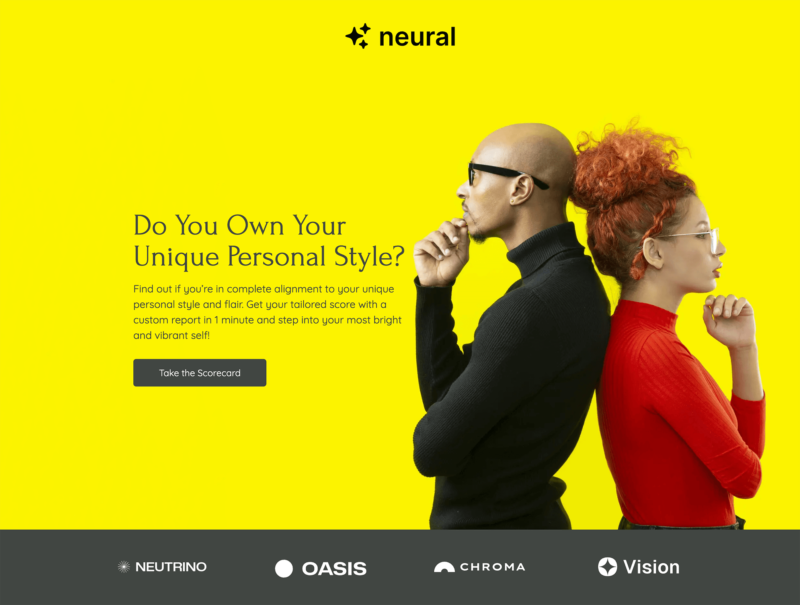 Neural scorecard hero - two stylish people standing back to back on yellow background with headline 'Do You Own Your Unique Personal Style?