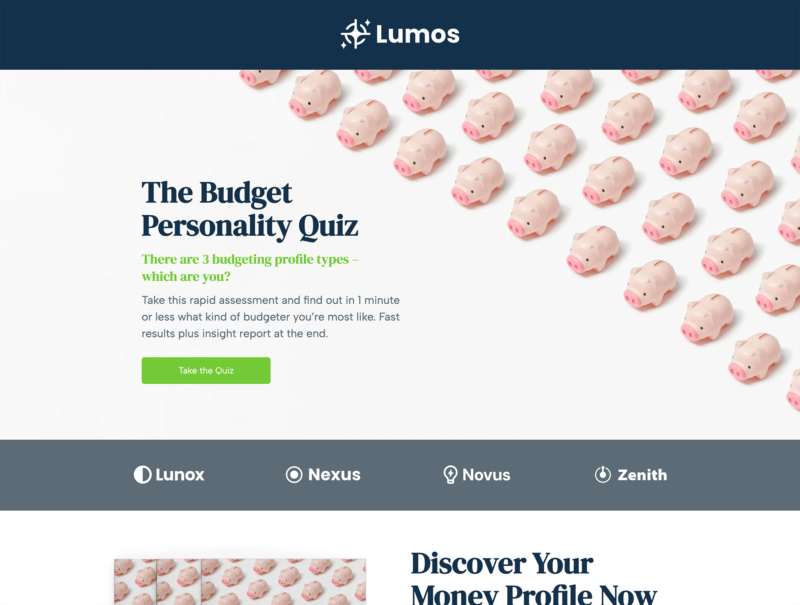 Lumos Budget Personality Quiz landing page with rows of pink piggy banks and a 'Take the Quiz' call-to-action button