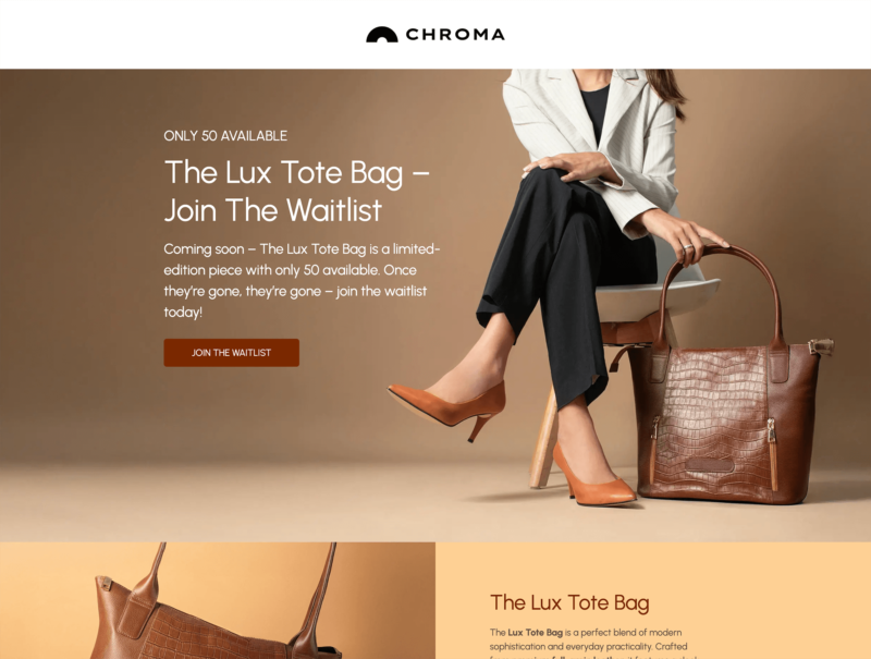 Chroma Lux Tote Bag waitlist hero - seated woman in white blazer holding a brown croc-embossed leather tote bag