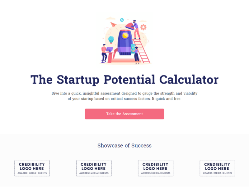 The Startup Potential Calculator landing page with rocket launch illustration and a pink 'Take the Assessment' button