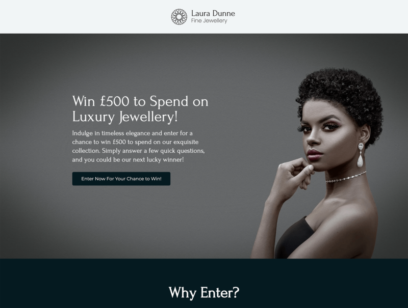 Laura Dunne Fine Jewellery promotion - woman wearing diamond earrings and necklace, with text 'Win £500 to Spend on Luxury Jewellery!