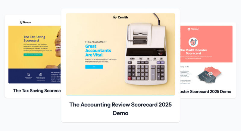 Three scorecard quiz demo examples for accountants, featuring The Accounting Review Scorecard 2025 Demo with a Canon printing calculator.