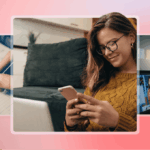 Woman with glasses smiling at her phone on a sofa, beside images of a checklist and a laptop video call, illustrating client engagement.