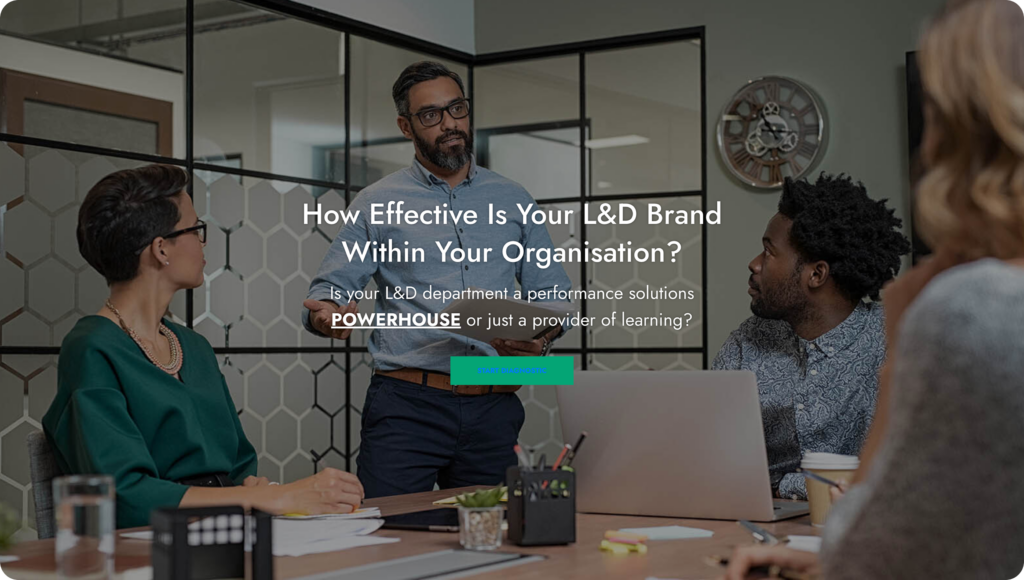 Hero banner asking 'How Effective Is Your L&D Brand Within Your Organisation?' with a man presenting to colleagues in a modern meeting room