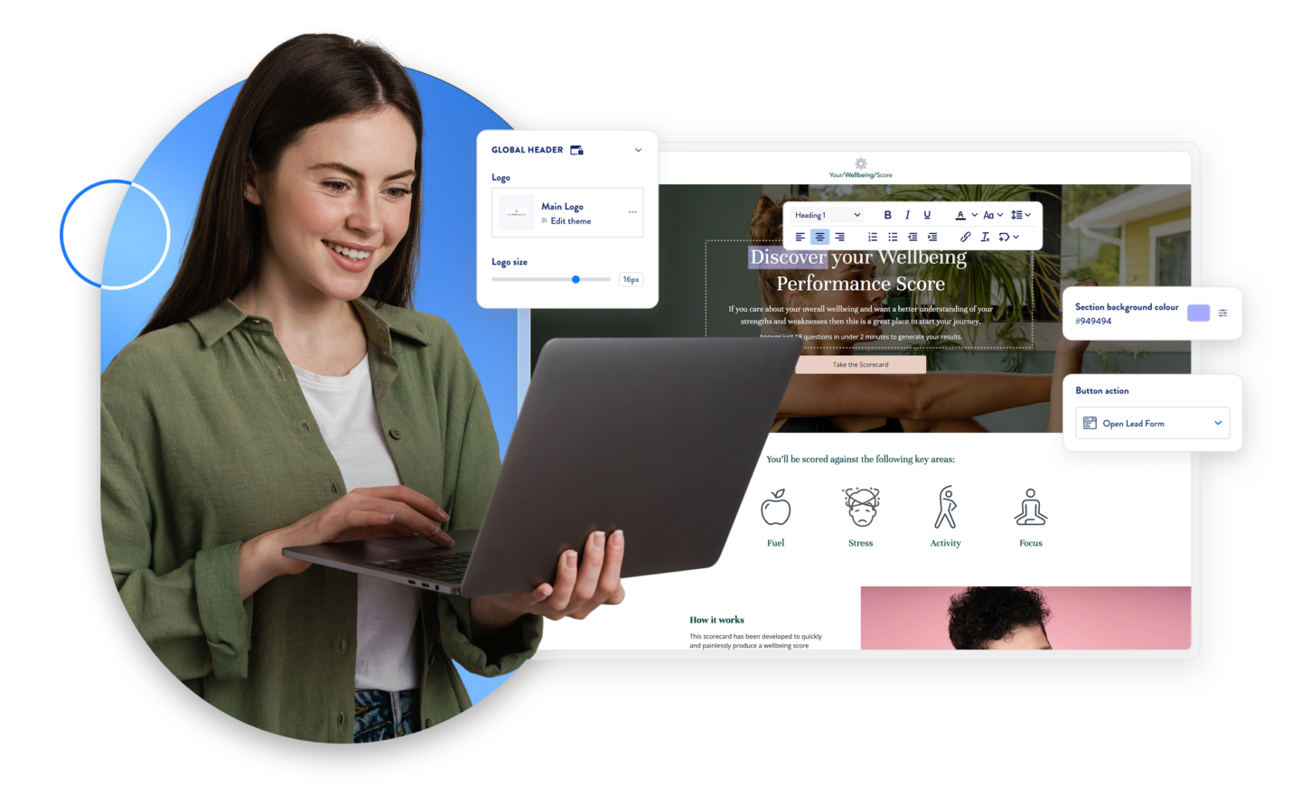 Woman smiling while using a laptop, with ScoreApp's wellbeing scorecard builder interface displayed behind her