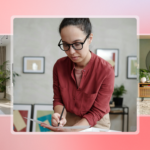 Interior designer with glasses writing notes, flanked by two styled living room photos, illustrating lead magnet ideas for interior design…