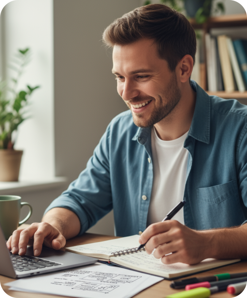 Smiling man typing on a laptop and taking notes in a notebook at a home desk, with books and plants in the background.