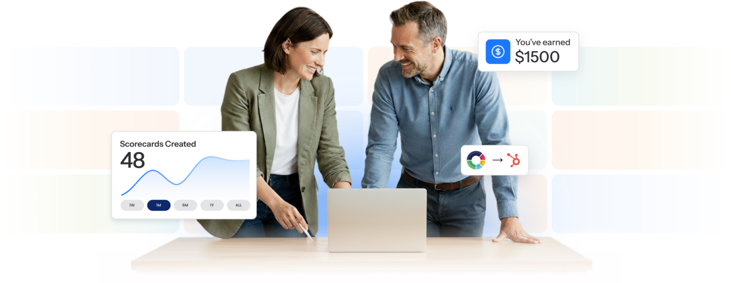Two colleagues reviewing ScoreApp results on a laptop, with UI overlays showing 48 scorecards created, a $1500 earnings notification, and…