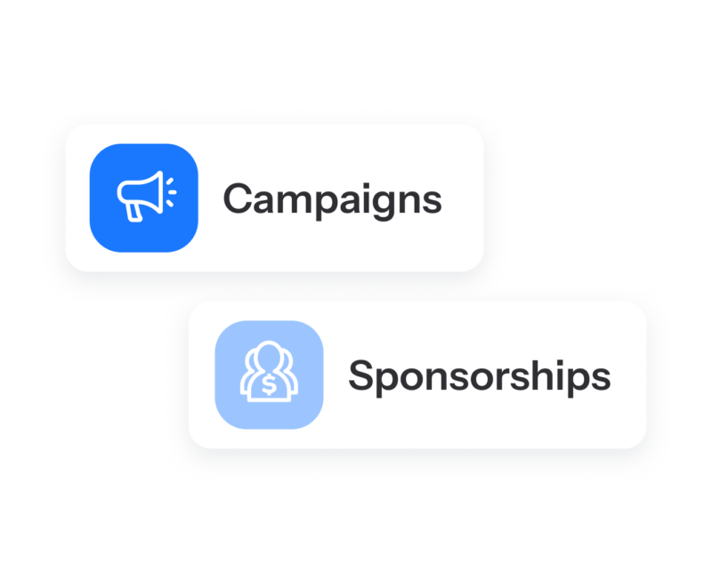 Campaigns and Sponsorships feature cards with megaphone and sponsor icons, shown as selectable options in ScoreApp