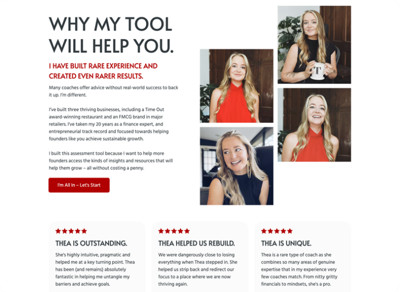 Thea, a business coach with long blonde hair, shown in three poses wearing red and black outfits, on a marketing page about her coaching…