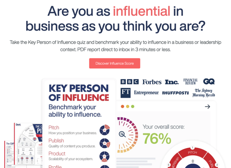 Key Person of Influence quiz landing page showing a 76% overall influence score, media logos including BBC and Forbes, and a 'Discover…