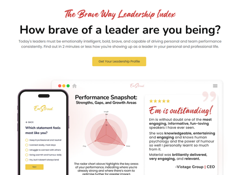 The Brave Way Leadership Index quiz by Em Stroud - mobile quiz screen, performance snapshot radar chart, and a 5-star testimonial from…