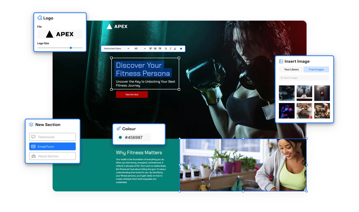 ScoreApp website builder interface showing a fitness quiz landing page with logo, colour, image insertion, and section editing panels